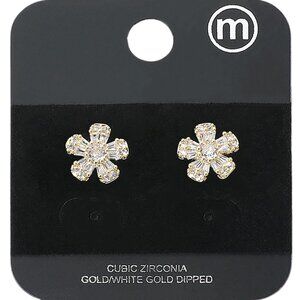 Gold Dipped Flower & Leaf CZ Stone Stud Earrings in Gold
